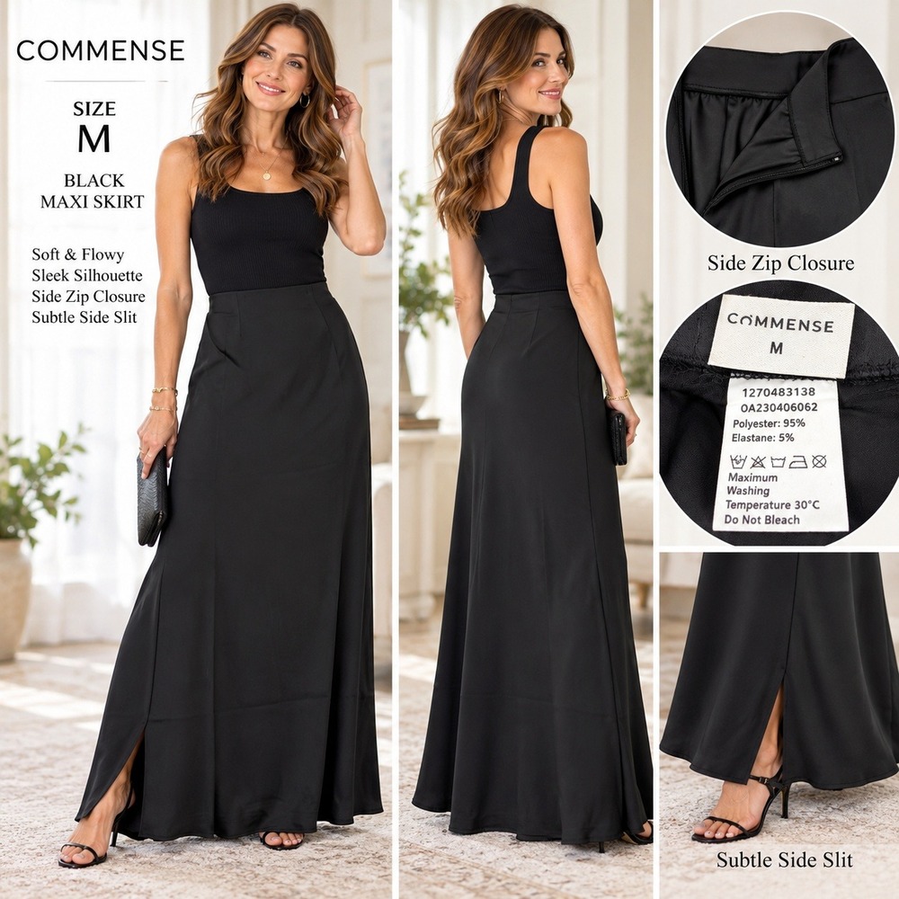 COMMENSE Womens M Black Maxi Skirt High Waist Side Slit Sleek #1880